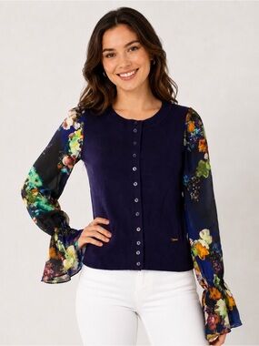 Roberto Cavalli Wool Purple Cardigan Sweater with Floral Sheer Bell Sleeves
